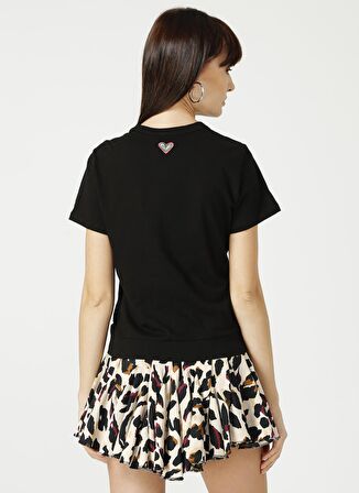 New In Bisiklet Yaka Düz Siyah Kadın T-Shirt Ön Pencereli Tisort