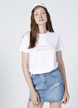 Nort Of Navy I-North61 Bisiklet Yaka Regular Fit Kısa Kollu %100 Pamuk Nakışlı Ekru Kadın T-Shirt