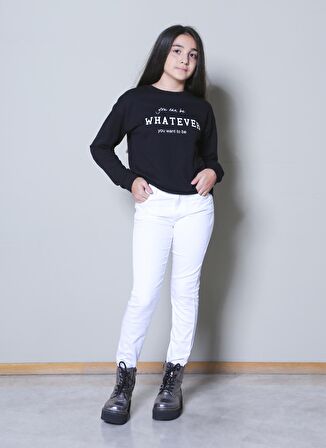 Limon Bisiklet Yaka Uzun Kollu Yazı Baskılı Siyah Kız Çocuk Sweatshirt