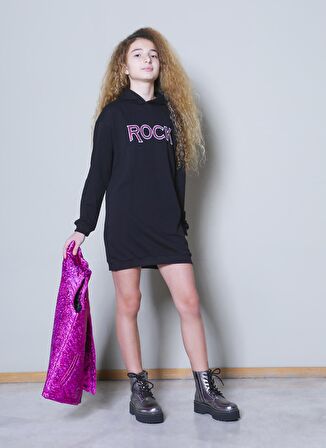 Funky Rocks RFG-28 Siyah Kapüşonlu Kız Çocuk Baskılı Elbise