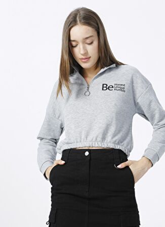 Limon Dik Yaka Crop Baskılı Gri Melanj Kadın Sweatshirt