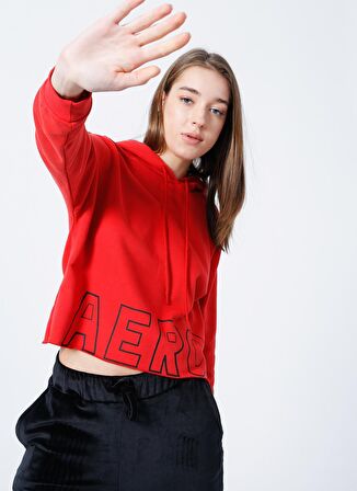 Aeropostale Y-Pensilvanya Kapüşonlu Uzun Kollu Geniş Fit Baskılı Kırmızı Kadın Sweatshirt