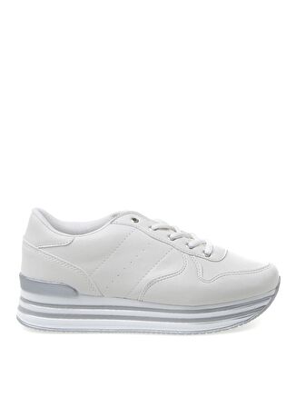 Limon Dolgu Taban Bağcıklı Suni Deri Beyaz Kadın Sneaker