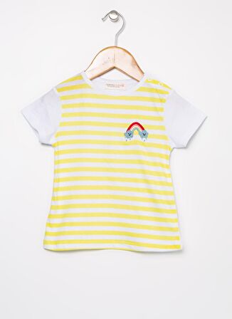 Mammaramma Sarı - Beyaz Kız Bebek Bisiklet Yaka Kısa Kollu Baskılı T-Shirt HG-08