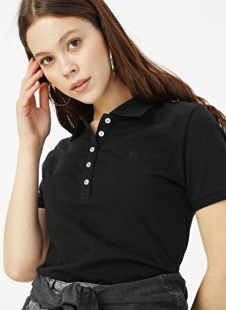 Aeropostale Kadın Siyah Düğme Detaylı Polo Yaka T-Shirt