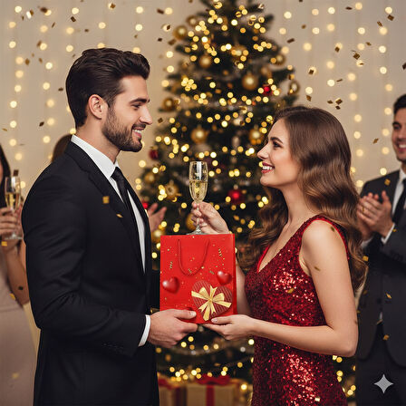 25×30×9 cm Kırmızı Kalp Hediye Paket Desenli Lüks Hediyelik Karton Çanta