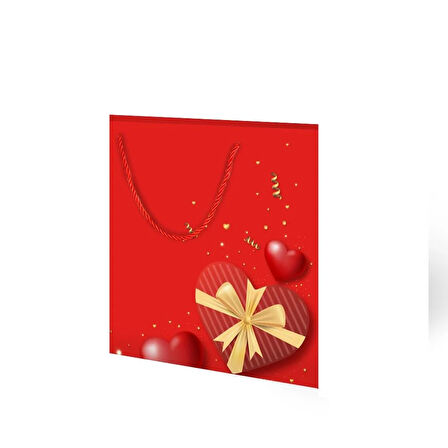 25×30×9 cm Kırmızı Kalp Hediye Paket Desenli Lüks Hediyelik Karton Çanta