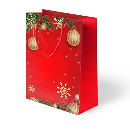 25×30×9 cm Kırmızı Yılbaşı Topları Desenli Lüks Hediyelik Karton Çanta