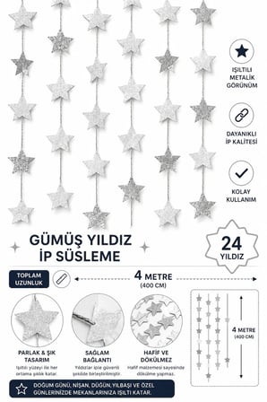 Metalik Gümüş Yıldız Dekor Süs İpli 4 Metre 24 Parça Parti Doğum Günü Süsleme Seti