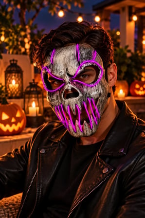 Halloween Cadılar Bayramı Fosforlu Fuşya Işıklı Kuru Kafa İskelet Maske 23 Cm