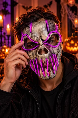 Halloween Cadılar Bayramı Fosforlu Fuşya Işıklı Kuru Kafa İskelet Maske 23 Cm