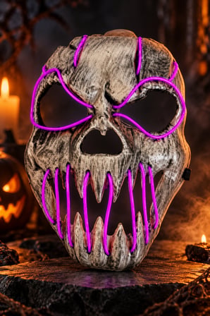 Halloween Cadılar Bayramı Fosforlu Fuşya Işıklı Kuru Kafa İskelet Maske 23 Cm