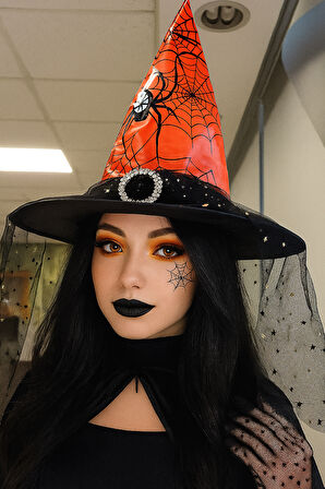 Hallowen Cadılar Bayramı Cadı Şapkası Tokalı Tüllü Turuncu Siyah Örümcek ve Ağ Desenli Korku Şapkası