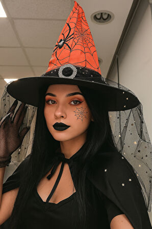 Hallowen Cadılar Bayramı Cadı Şapkası Tokalı Tüllü Turuncu Siyah Örümcek ve Ağ Desenli Korku Şapkası