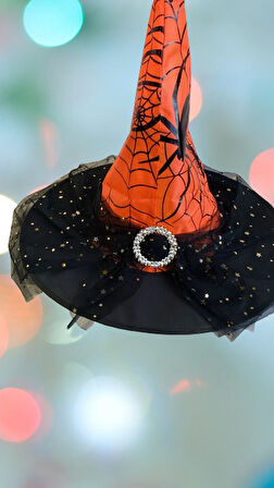 Hallowen Cadılar Bayramı Cadı Şapkası Tokalı Tüllü Turuncu Siyah Örümcek ve Ağ Desenli Korku Şapkası