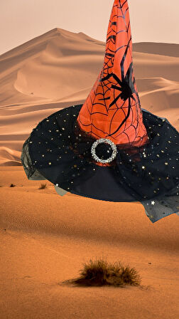Hallowen Cadılar Bayramı Cadı Şapkası Tokalı Tüllü Turuncu Siyah Örümcek ve Ağ Desenli Korku Şapkası