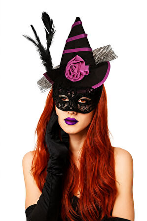 Halloween Cadılar Bay.Mor Siyah Güllü Mini Şapka