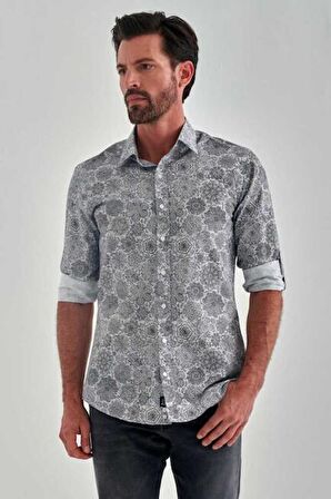 Bisse Erkek Slim Fit Uzun Kollu Desenli Spor Gömlek GRİ