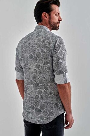 Bisse Erkek Slim Fit Uzun Kollu Desenli Spor Gömlek GRİ