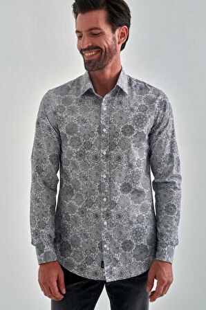 Bisse Erkek Slim Fit Uzun Kollu Desenli Spor Gömlek GRİ