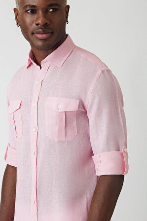 Bisse Erkek Slim Fit Uzun Kollu Keten Gömlek PEMBE
