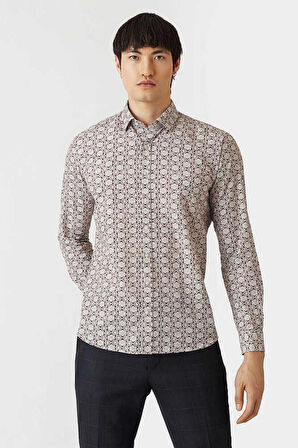 Bisse Erkek Regular Fit Uzun Kollu Desenli Spor Gömlek BEJ