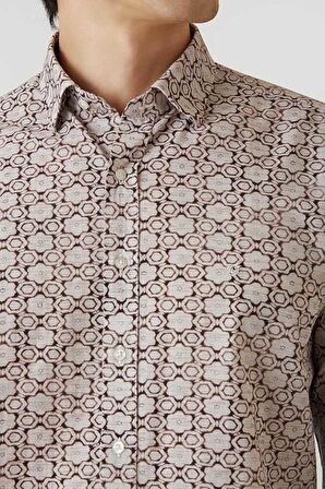 Bisse Erkek Regular Fit Uzun Kollu Desenli Spor Gömlek BEJ