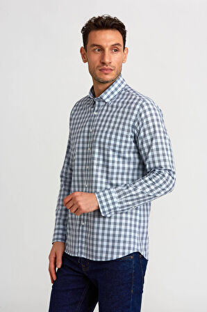 Bisse Regular Fit Paşa Yaka Ekoseli Mavi Erkek Gömlek GM23K232024_D35