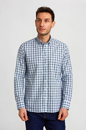 Bisse Regular Fit Paşa Yaka Ekoseli Mavi Erkek Gömlek GM23K232024_D35