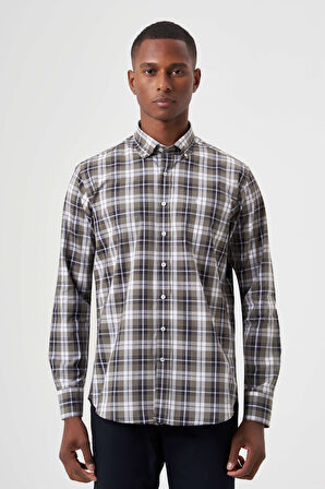 Bisse Regular Fit Paşa Yaka Haki Ekoseli Erkek Gömlek GM23K232011_D49
