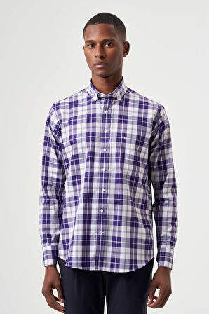 Bisse Regular Fit Paşa Yaka Ekoseli Lila Erkek Gömlek GM23K232009_D44