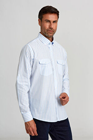 Bisse Regular Fit Paşa Yaka Kol İçi Apoletli Mavi Spor Erkek Gömlek GM23Y231124_C35