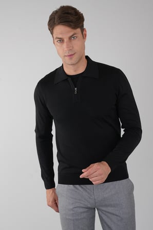Bisse Polo Yaka Fermuar Detaylı Siyah Erkek Yün Triko TR23KNOS23211_D99