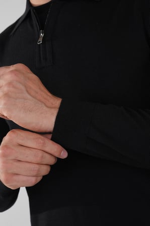 Bisse Polo Yaka Fermuar Detaylı Siyah Erkek Yün Triko TR23KNOS23211_D99