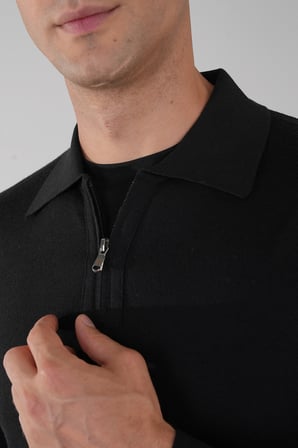 Bisse Polo Yaka Fermuar Detaylı Siyah Erkek Yün Triko TR23KNOS23211_D99