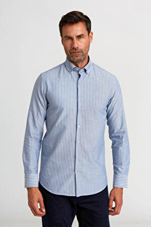 Bisse Modern Fit Paşa Yaka Düğmeli Çizgili Lacivert Erkek Gömlek GMCZG1622300205_D39