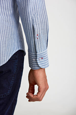 Bisse Modern Fit Paşa Yaka Düğmeli Çizgili Lacivert Erkek Gömlek GMCZG1622300205_D39