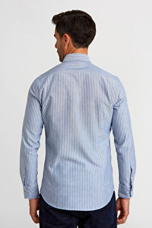 Bisse Modern Fit Paşa Yaka Düğmeli Çizgili Lacivert Erkek Gömlek GMCZG1622300205_D39