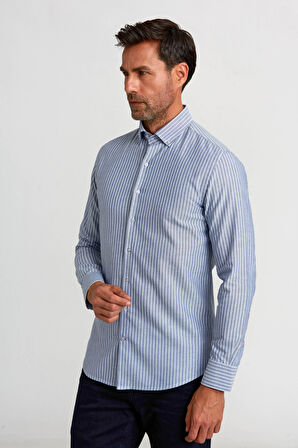 Bisse Modern Fit Paşa Yaka Düğmeli Çizgili Lacivert Erkek Gömlek GMCZG1622300205_D39