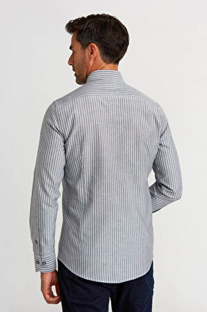 Bisse Modern Fit Düğmeli Yaka Çizgili Siyah Spor Erkek Gömlek GMCZG1622300205_D99