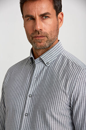 Bisse Modern Fit Düğmeli Yaka Çizgili Siyah Spor Erkek Gömlek GMCZG1622300205_D99