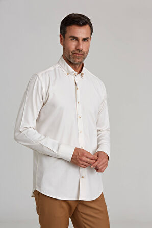Bisse Modern Fit Paşa Yaka Düğmeli Spor Ekru Erkek Gömlek GMARS0422300208_D03
