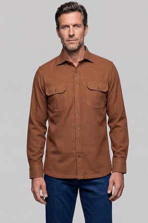 Bisse Modern Fit Paşa Yaka Çift Cepli Flanel Hardal Erkek Gömlek GMFLN0322300212_D19