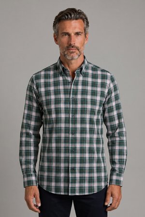 Bisse Yeşil Modern Fit Pamuk Düğmeli İtalyan Yaka Ekose Kışlık Gömlek GMEKS0122300214_D47