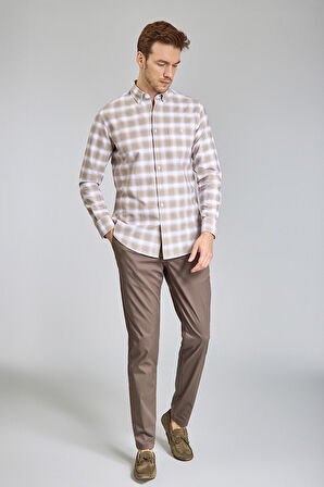 Bisse Modern Fit Yarım İtalyan Düğmeli Yaka Bej Spor Erkek Gömlek GMEKS0122300215_D07