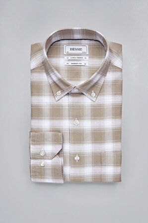 Bisse Modern Fit Yarım İtalyan Düğmeli Yaka Bej Spor Erkek Gömlek GMEKS0122300215_D07