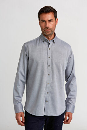 Bisse Regular Fit Paşa Yaka Düğmeli Gri Spor Erkek Gömlek GMARS0322301203_D55