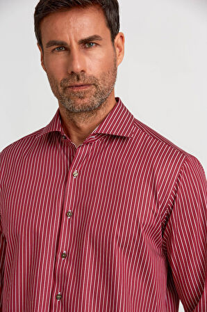Bisse Regular Fit Yarım İtalyan Yaka İnce Çizgili Bordo Erkek Gömlek GMCZG0922300100_D25