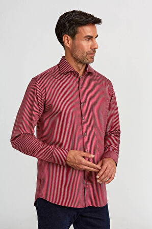 Bisse Regular Fit Yarım İtalyan Yaka İnce Çizgili Bordo Erkek Gömlek GMCZG0922300100_D25