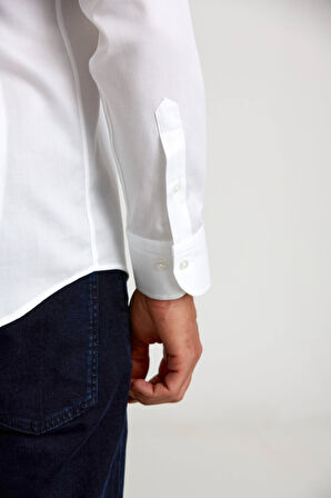 Bisse Modern Fit Paşa Yaka Düğmeli Beyaz Spor Erkek Gömlek GMARS0422301213_D01